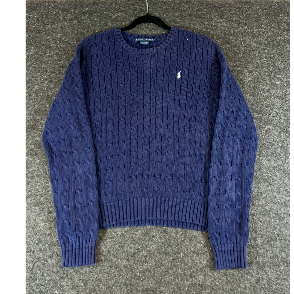 Vintage 90s Ralph Lauren Navy Blue Cable Knit Cotton Sweater Womens XL Hong Kong